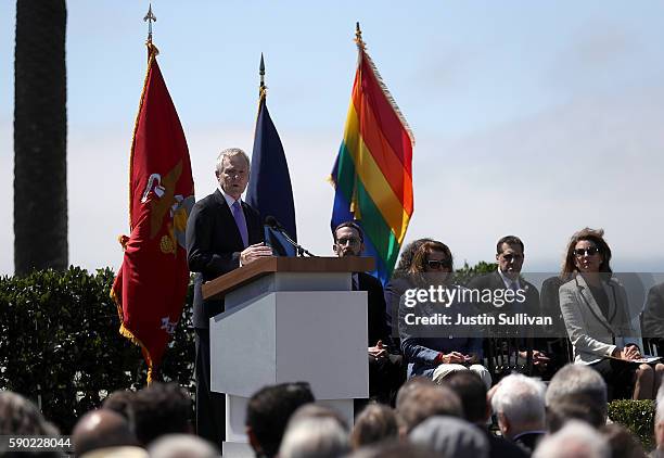 Secretary of the Navy Ray Mabus speaks during a ship naming ceremony for the new USNS Harvey Milk on August 16, 2016 in San Francisco, California....