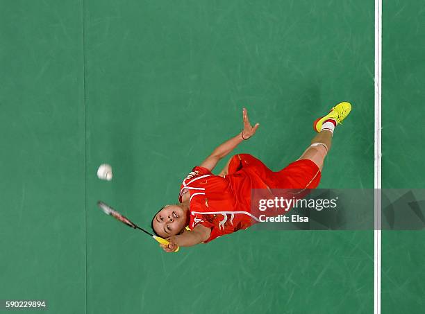 Yihan Wang of China returns a shot to V. Sindhu Pusarla of India on Day 11 of the Rio 2016 Olympic Games at Riocentro - Pavilion 4 on August 16, 2016...