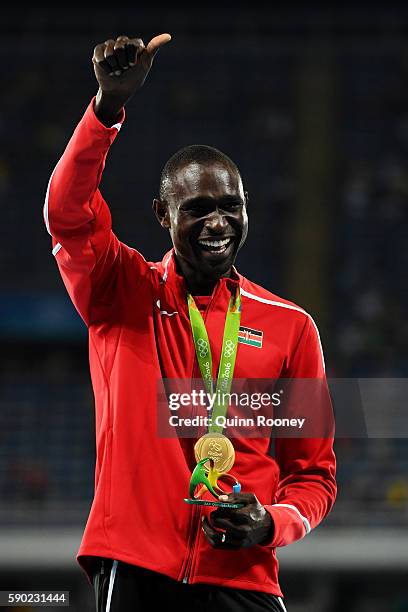 Gold medalist David Lekuta Rudisha of Kenya poses during the medal ceremony for the Men's 800m Final on Day 11 of the Rio 2016 Olympic Games at the...