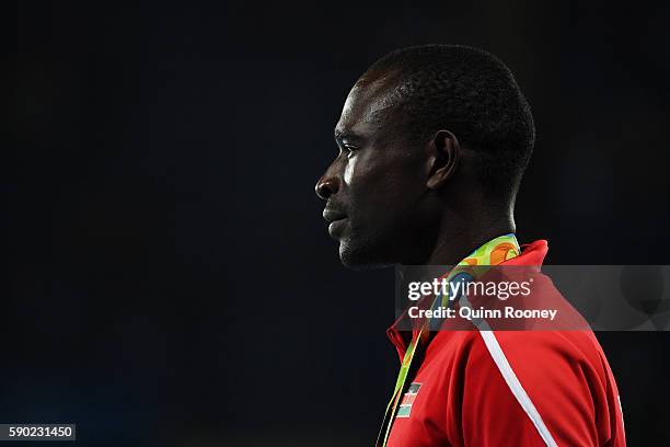 Gold medalist David Lekuta Rudisha of Kenya reacts during the medal ceremony for the Men's 800m Final on Day 11 of the Rio 2016 Olympic Games at the...