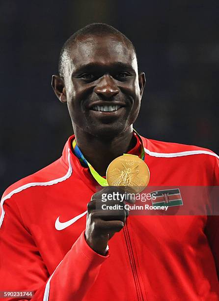 Gold medalist David Lekuta Rudisha of Kenya poses during the medal ceremony for the Men's 800m Final on Day 11 of the Rio 2016 Olympic Games at the...