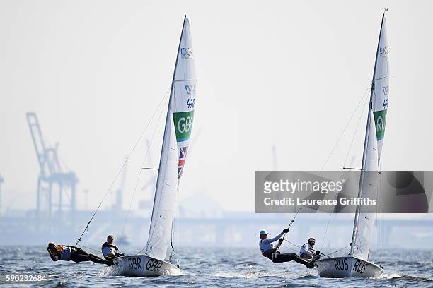 Hannah Mills of Great Britain and Saskia Clark of Great Britain compete in the Women's 470 class on Day 11 of the Rio 2016 Olympic Games at the...