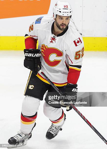 Brandon Bollig of the Calgary Flames warms up before playing in the game against the Ottawa Senators at Canadian Tire Centre on October 28, 2015 in...