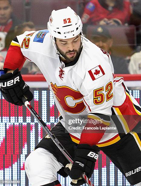 Brandon Bollig of the Calgary Flames plays in the game against the Ottawa Senators at Canadian Tire Centre on October 28, 2015 in Ottawa, Ontario,...