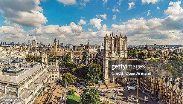 aerial view of westminster abbey and big ben - westminster abbey stock-fotos und bilder