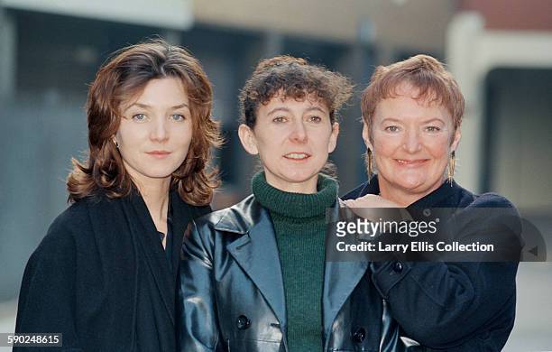 The cast of the television series 'A Mug's Game' pose for a photocall, UK, 17th January 1996. From left to right, actresses Michelle Fairley, Katy...