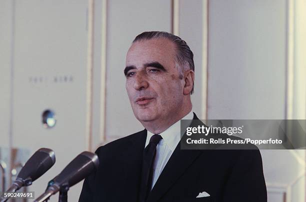 French politician and Prime Minister of France, Georges Pompidou pictured at a press conference in France in 1967.