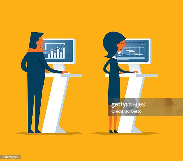ilustrações de stock, clip art, desenhos animados e ícones de work standing - business woman desk stand