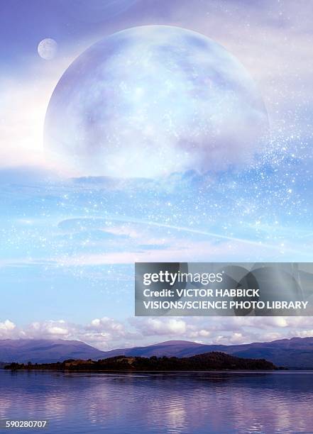 futuristic moon over water - sky view stock illustrations
