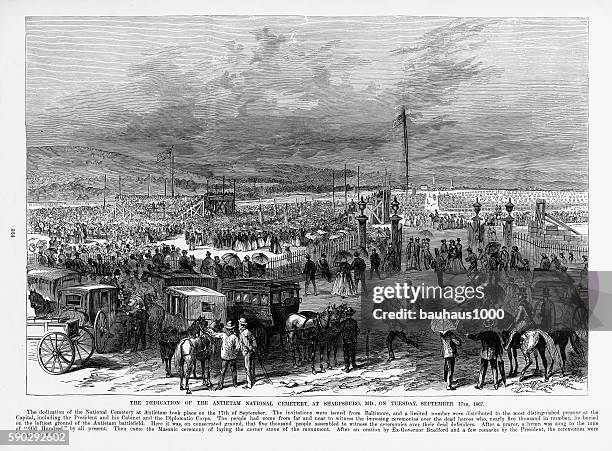 dedication of antietam national cemetery civil war engraving, september 1867 - antietam national battlefield stock illustrations
