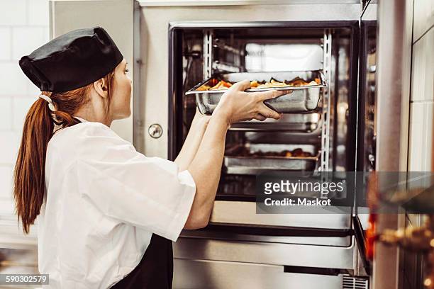 side view of female chef putting dish in oven at commercial kitchen - platter side bildbanksfoton och bilder
