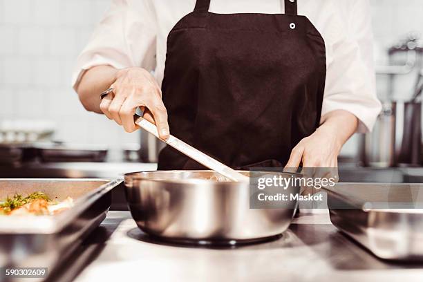 midsection of female chef preparing food at commercial kitchen counter - cooking apron stock pictures, royalty-free photos & images