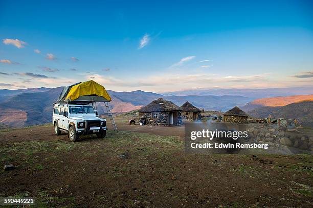 base camp in the lesotho mountains - terrain stock pictures, royalty-free photos & images