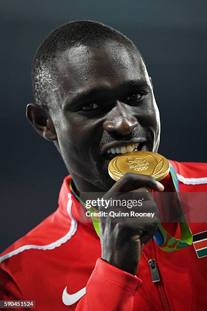 Gold medalist David Lekuta Rudisha of Kenya poses during the medal ceremony for the Men's 800m Final on Day 11 of the Rio 2016 Olympic Games at the...