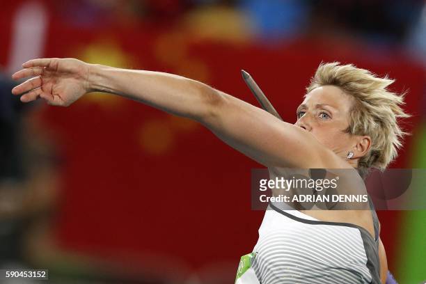 Germany's Christina Obergfoll competes in the Women's Javelin Throw Qualifying Round during the athletics event at the Rio 2016 Olympic Games at the...
