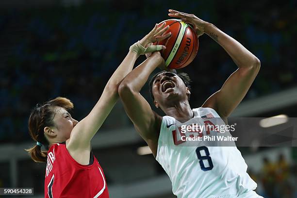 Angel Mccoughtry of United States drives to the basket during the Women's Quarterfinal match against Japan on Day 11 of the Rio 2016 Olympic Games at...