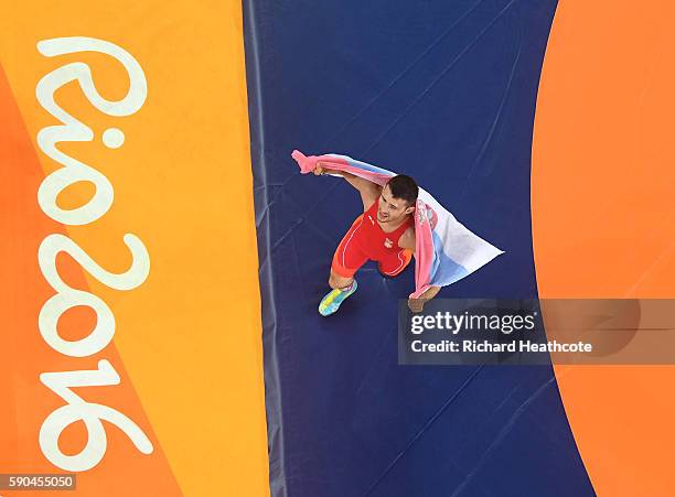 Davor Stefanek of Serbia celebrates after defeating Migran Arutyunyan of Armenia in the Men's Greco-Roman 66 kg Gold Medal bout on Day 11 of the Rio...