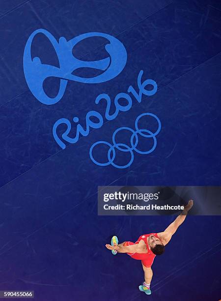 Davor Stefanek of Serbia celebrates after defeating Migran Arutyunyan of Armenia in the Men's Greco-Roman 66 kg Gold Medal bout on Day 11 of the Rio...