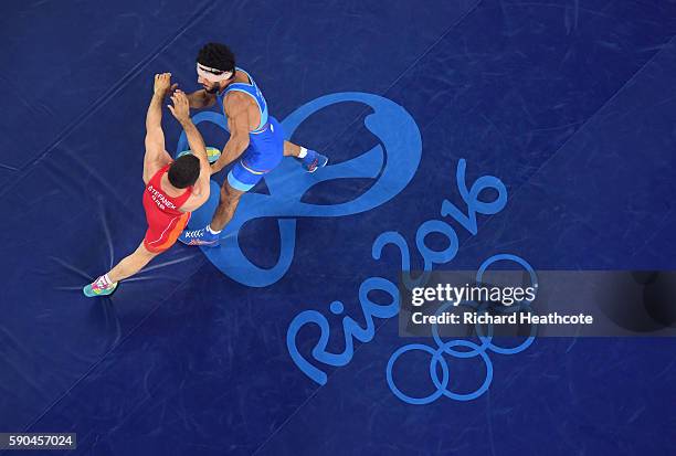 Migran Arutyunyan of Armenia competes against Davor Stefanek of Serbia in the Men's Greco-Roman 66 kg Gold Medal bout on Day 11 of the Rio 2016...