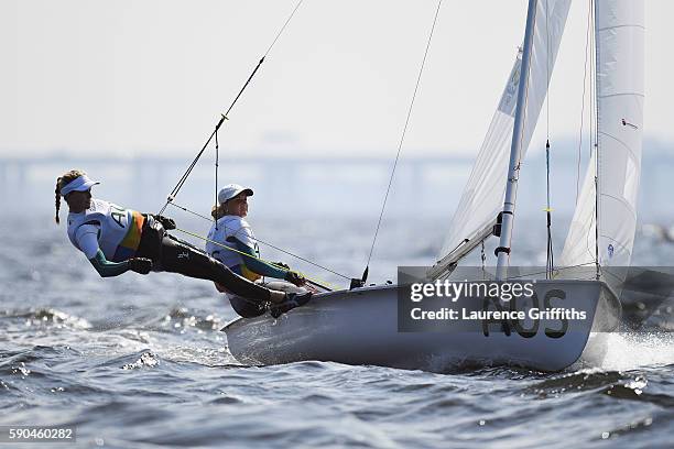 Carrie Smith of Australia and Jaime Ryan of Australia compete in the Women's 470 class on Day 11 of the Rio 2016 Olympic Games at the Marina da...