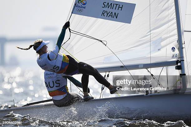 Carrie Smith of Australia and Jaime Ryan of Australia compete in the Women's 470 class on Day 11 of the Rio 2016 Olympic Games at the Marina da...