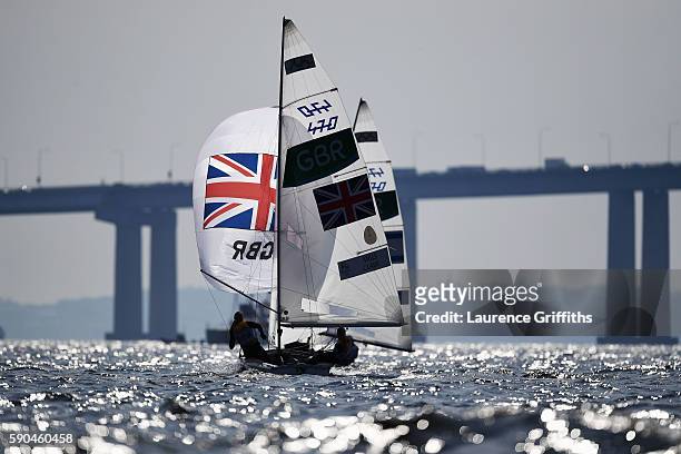 Hannah Mills of Great Britain and Saskia Clark of Great Britain compete in the Women's 470 class on Day 11 of the Rio 2016 Olympic Games at the...