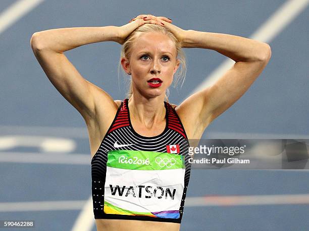 Sage Watson of Canada reacts during the Women's 400m Hurdles Semifinals on Day 11 of the Rio 2016 Olympic Games at the Olympic Stadium on August 16,...