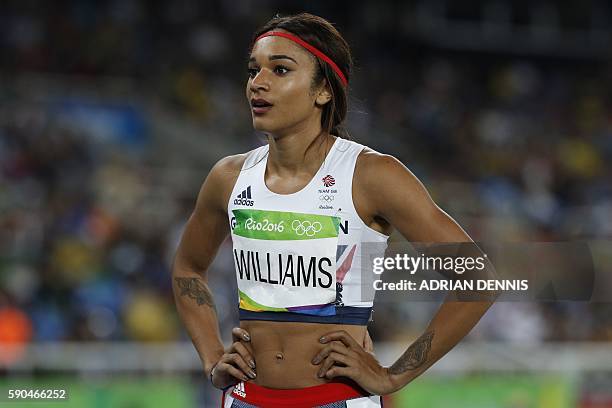 Britain's Jodie Williams competes in the Women's 200m Semifinal during the athletics event at the Rio 2016 Olympic Games at the Olympic Stadium in...