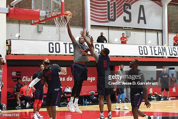Kevin Durant of the USA Basketball Men's National Team shoots the ball at a practice during the Rio 2016 Olympic Games on August 16, 2016 at the...