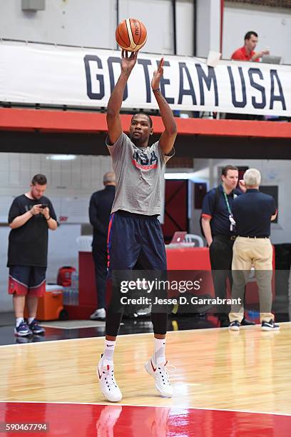 Kevin Durant of the USA Basketball Men's National Team shoots the ball at a practice during the Rio 2016 Olympic Games on August 16, 2016 at the...