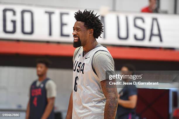 DeAndre Jordan of the USA Basketball Men's National Team looks on at a practice during the Rio 2016 Olympic Games on August 16, 2016 at the Flamengo...