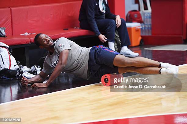Harrison Barnes of the USA Basketball Men's National Team warms up before a practice during the Rio 2016 Olympic Games on August 16, 2016 at the...
