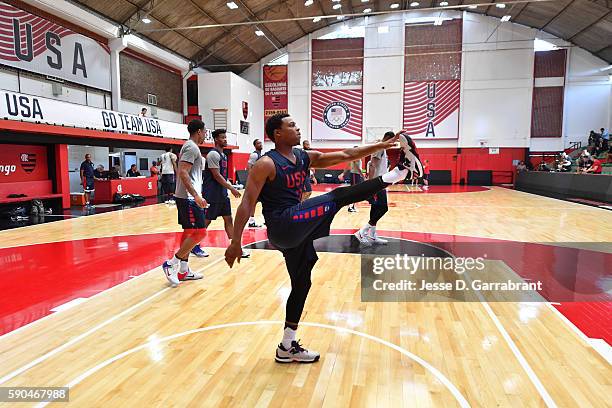 Kyle Lowry of the USA Basketball Men's National Team warms up before a practice during the Rio 2016 Olympic Games on August 16, 2016 at the Flamengo...