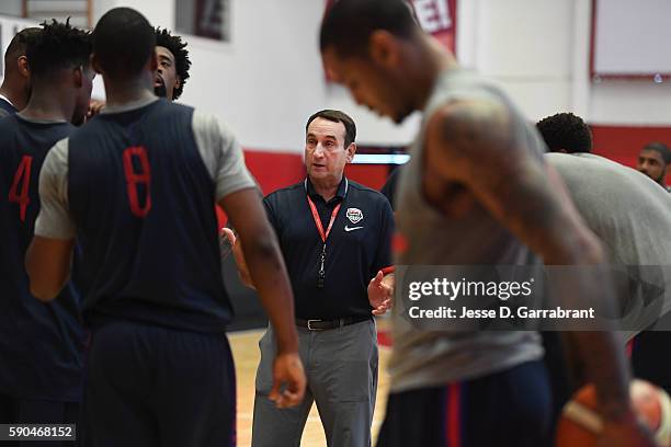 Head coach Mike Krzyzewski of the USA Basketball Men's National Team talks to his team at a practice during the Rio 2016 Olympic Games on August 16,...