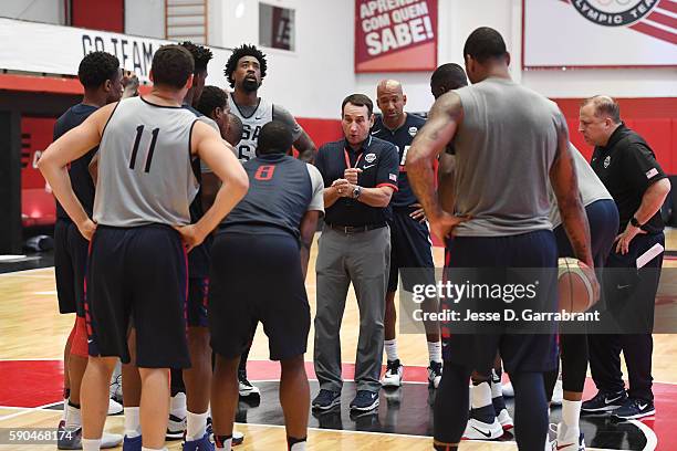 Head coach Mike Krzyzewski of the USA Basketball Men's National Team talks to his team at a practice during the Rio 2016 Olympic Games on August 16,...