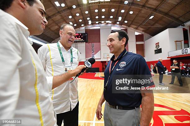 Head coach Mike Krzyzewski of the USA Basketball Men's National Team is interviewed at a practice during the Rio 2016 Olympic Games on August 16,...