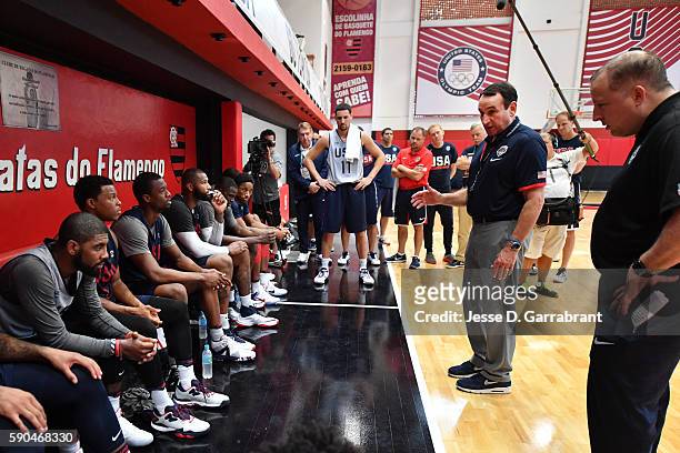 Head coach Mike Krzyzewski of the USA Basketball Men's National Team talks to his team at a practice during the Rio 2016 Olympic Games on August 16,...