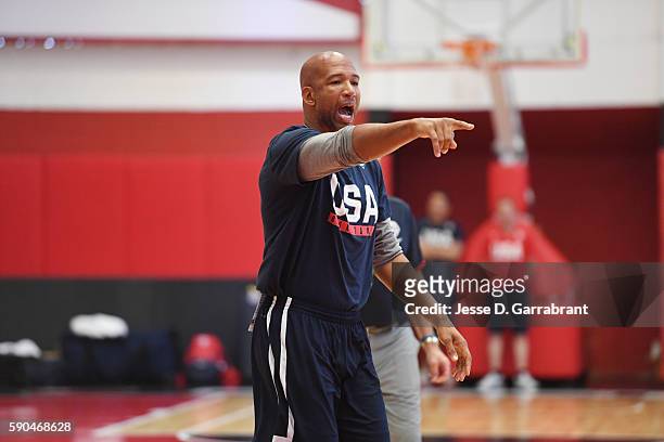 Assistant coach Monty Williams of the USA Basketball Men's National Team talks to his team at a practice during the Rio 2016 Olympic Games on August...