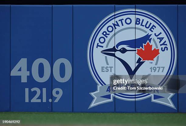 View of the fortieth season logo on the center field wall before the start of the Toronto Blue Jays MLB game against the Houston Astros on August 14,...