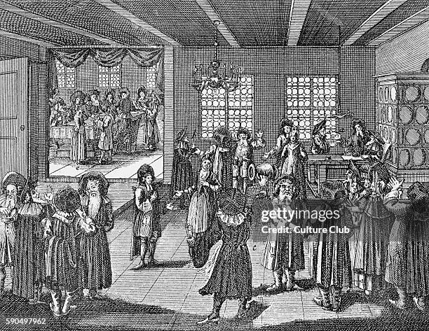 Wedding celebration feast after mariage ceremony / Die Eheschliessung of German Jews in 18th century. Engraving by Kirchner, Nurnberg, 1734