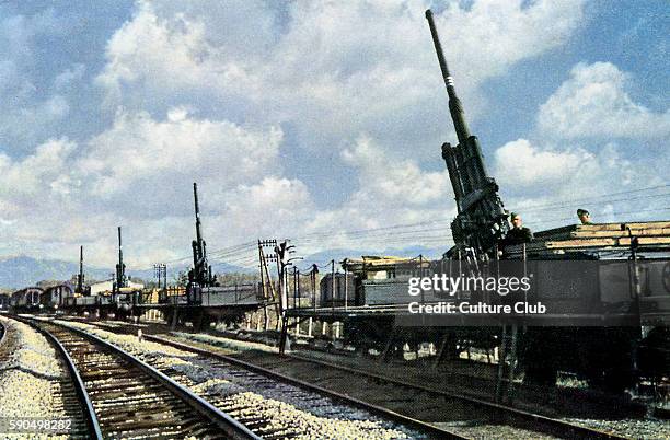 Eastern Front. Protection against air attack, German artillery guns mounted on trains.