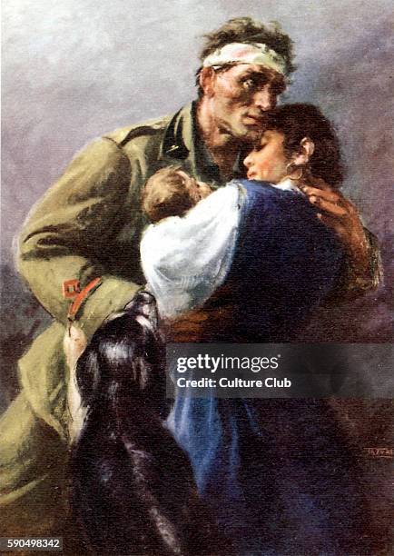 Italian propaganda postcard. A bandaged soldier embraces his wife, child and dog. Caption reads: 'The Italian people have created an empire with...