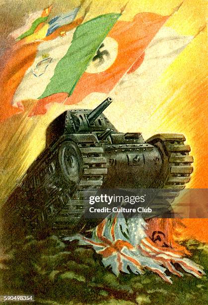 Italian propaganda postcard. Italian, German Nazi and Japanese flags fly above a tank crushing the ragged flags of the United Kingdom, the USA and...
