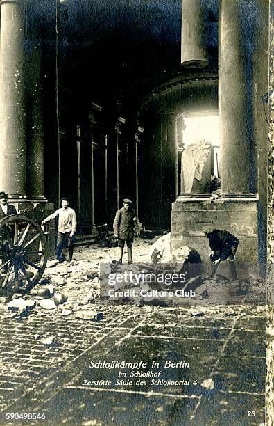 German Revolution in Berlin, Germany, 1918. Street fighting - destroyed stone pillar and rubble. In November 1918 Spartacist leader Karl Liebknecht...