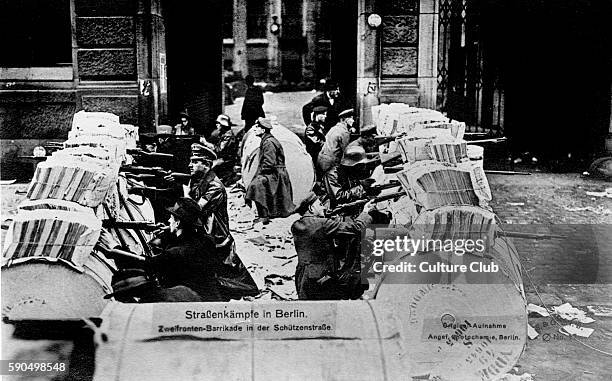 German Revolution in Berlin, Germany, 1918. Street battles - barricades in Schutzen Stra§e. In November 1918 Spartacist leader Karl Liebknecht...