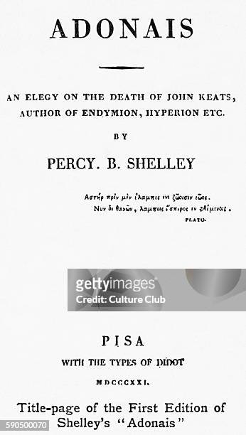 Title-page for the first edition of, 'Adonais: An Elegy on the Death of John Keats, Author of Endymion, Hyperion, etc.' by Percy Shelley, 1821....