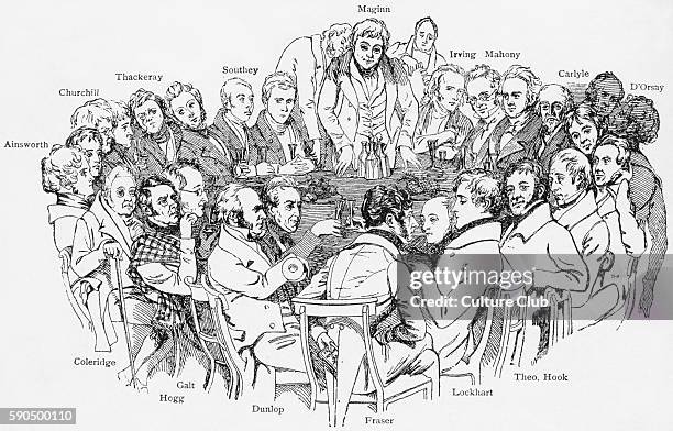 William Makepeace Thackeray with members of the Fraserian circle of writers who met regularly at the headquarters of Fraser 's in Regent Street,...