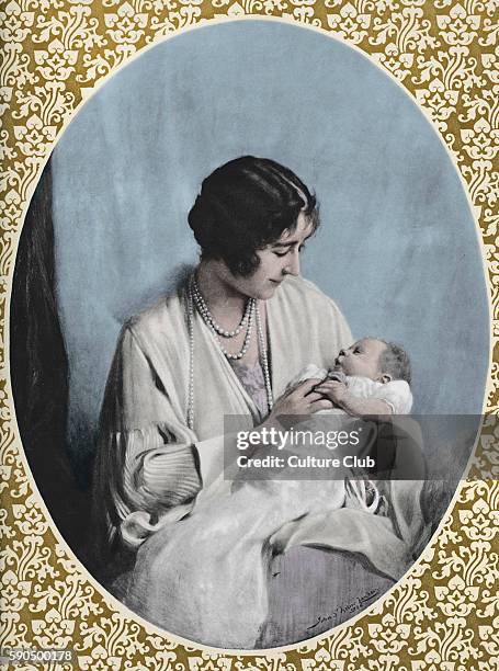 Portrait of Elizabeth II as a baby held by her mother, Elizabeth . After the painting by John Helier Lander.