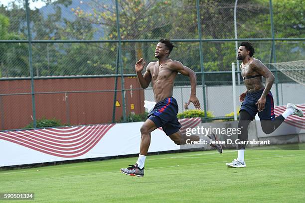 Jimmy Butler and DeAndre Jordan of the USA Basketball Men's National Team work out at a practice during the Rio 2016 Olympic Games on August 16, 2016...