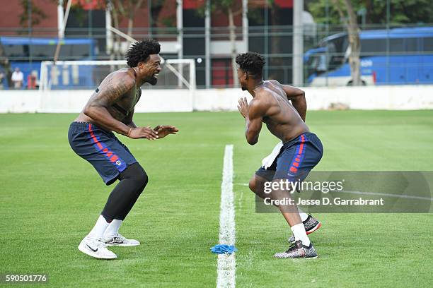 Jimmy Butler and DeAndre Jordan of the USA Basketball Men's National Team work out at a practice during the Rio 2016 Olympic Games on August 16, 2016...